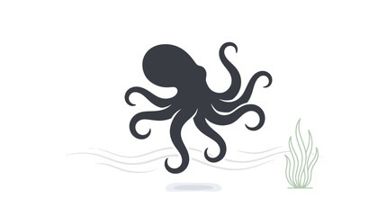 Black octopus swimming underwater with seaweed ocean creature © lahiru