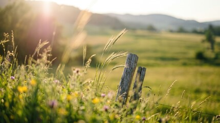 Fototapeta premium Sunlight filtering through tall grass in a meadow with a rustic wooden fence post
