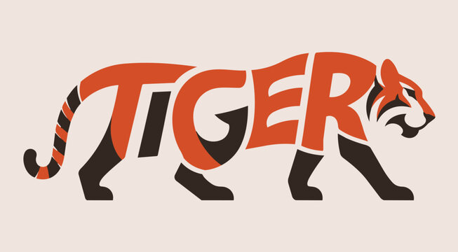 Tiger wordmark logo. Bold orange black animal lettering, modern mascot emblem design for sports teams, esports branding, wildlife identity, apparel graphics and merchandise prints. Jungle king