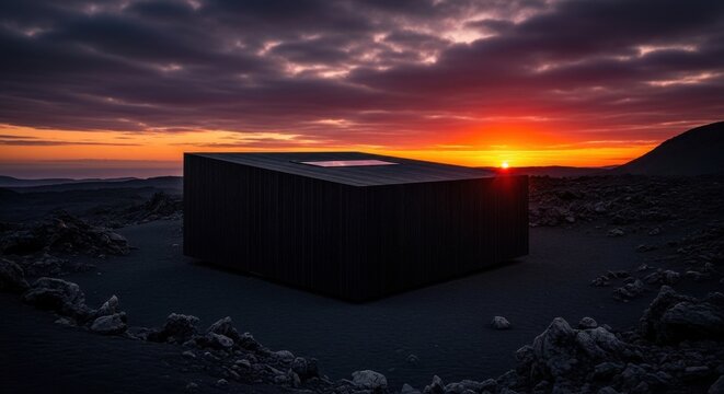 Modern minimalist black box structure with single skylight set against a dramatic sunset sky and rocky terrain