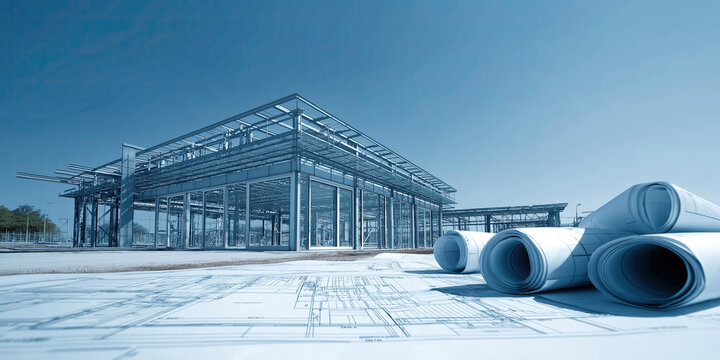 Rolled architectural blueprints rest prominently before expansive steel skeleton framework rising against clear sky.