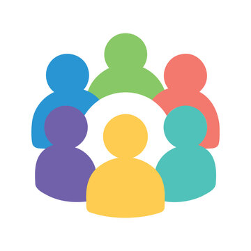 Colorful faceless people in a group represent community, teamwork, connection, or social interaction