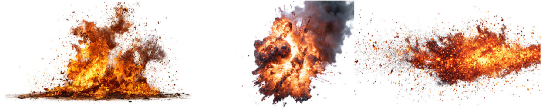 A set of three different fire explosions isolated on transparent background with flames and smoke