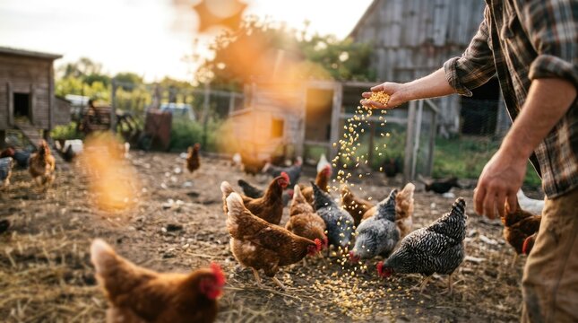 Farmer feeding chickens corn kernels in a farmyard at sunset