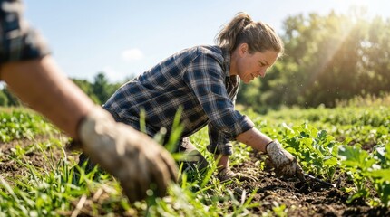 Fototapeta premium Farmer working in a field on a sunny day