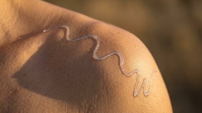 A human shoulder with a single dew-covered snail trail crossing the skin, no snail