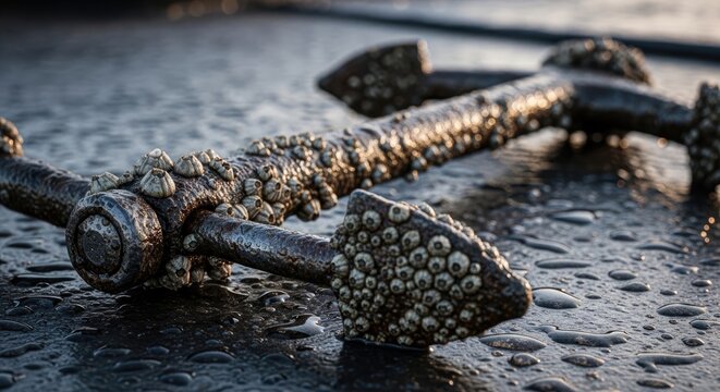 Old anchor covered in barnacles and rust.