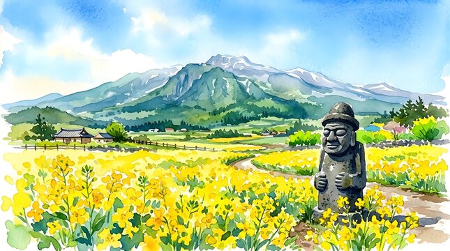 Vibrant watercolor painting captures Jeju Island's iconic dol hareubang standing in a golden canola field, with traditional houses, green valleys, snow-capped mountains, and a bright blue sky.