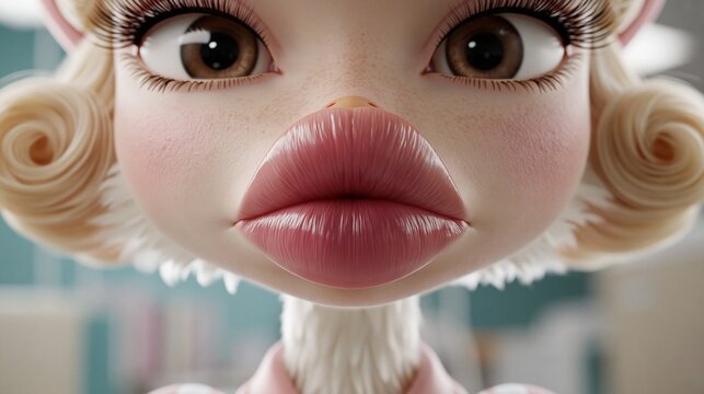 Digitale 3D-Illustration einer puppenhaften Figur mit &uuml;bertrieben gro&szlig;en Lippen und Augen sowie lockigem hellem Haar