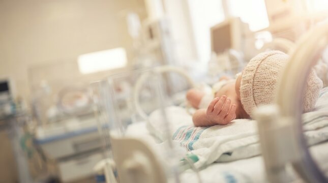 Newborn baby in an incubator in a hospital NICU