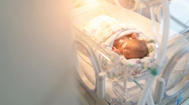 Newborn baby in an incubator with medical equipment