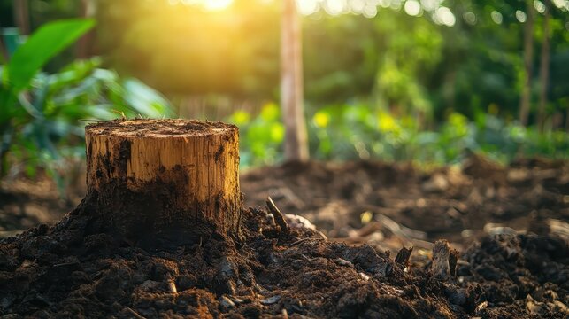 A solitary tree stump rests on dark soil in a deforested forest clearing, symbolizing environmental loss and ecological damage under soft sunlight.