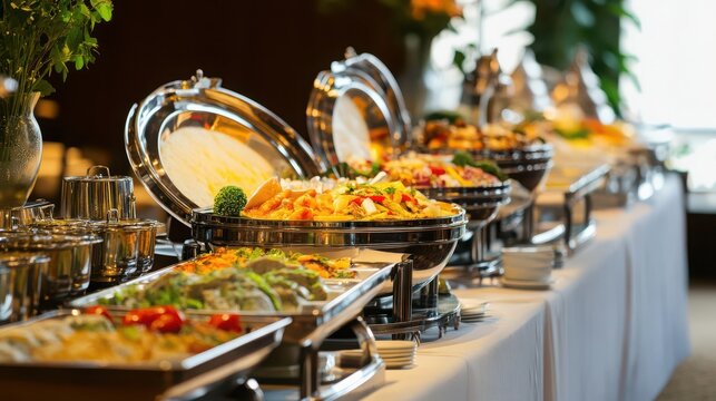 Elegant buffet table setup in hotel restaurant with various dishes