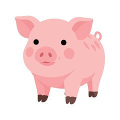 Fototapeta premium Cheerful pink pig stands on a white background in a cartoon illustration
