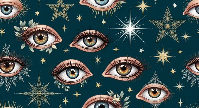 Mystical Eyes and Stars Pattern Seamless Background.