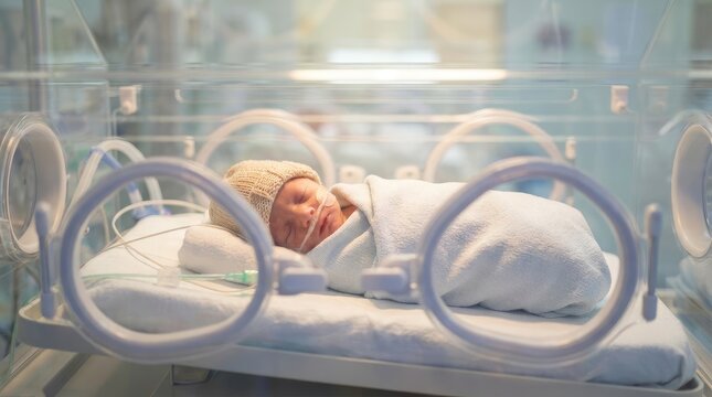 Newborn baby sleeping peacefully in an incubator with medical equipment