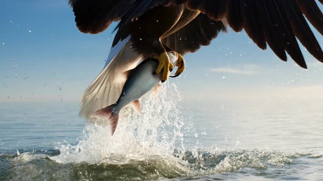 Majestic Bald Eagle Hunting and Catching Fish Over Water