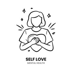 Fototapeta premium Self love, love, woman, happy, wellness, heart, health, female, mindfulness, positive, mental health. Vector Illustration