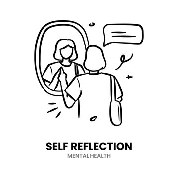 Self reflection, mirror, awareness,introspection, understanding, confidence, meditation, emotion, self care, motivation, evaluation. Vector Illustration