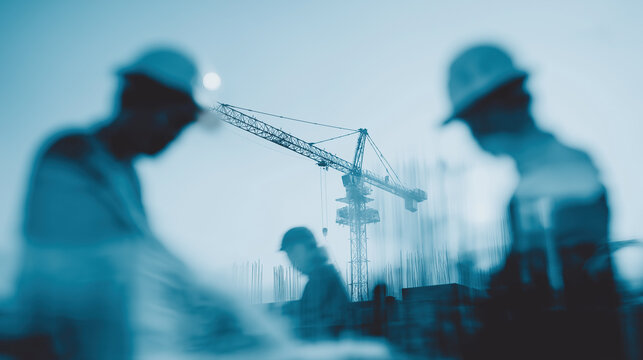  Atmospheric blue-toned double-exposure photograph artistically layers multiple construction workers against a looming tower crane silhouette.