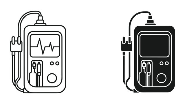 Vector illustration of two black and white ecg monitor icons with electrodes and cables on a pure white background