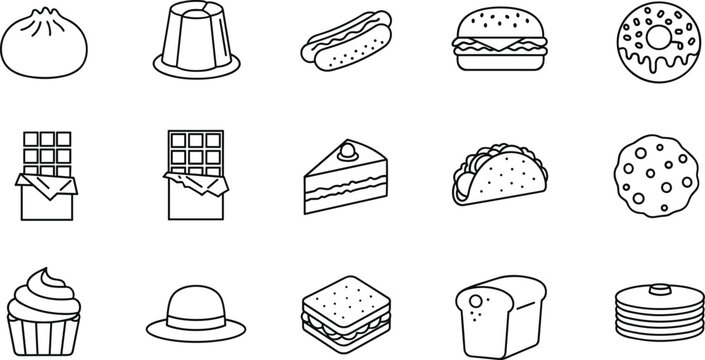 Food And Bakery Line Icon Set Featuring Burger Donut Cake Bread Sandwich And Dessert Items For Restaurant Menu And Culinary Design Use.