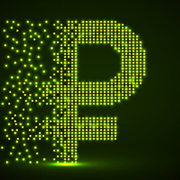 Ruble of pixels with an explosion, halftone style. Vector illustration