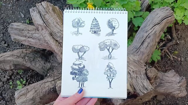 Hand holding sketchbook with drawing of Set of trees drawn from the side, collection of ink sketches. On the background is a stump of a felled, dry tree.  Environmental protection.