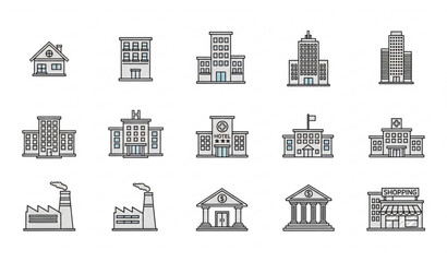 Fototapeta premium Buildings Icons Vector Set, Urban Architecture Collection Isolated on White