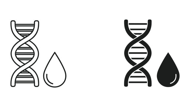Black and white dna double helix icons with droplet symbols on white background