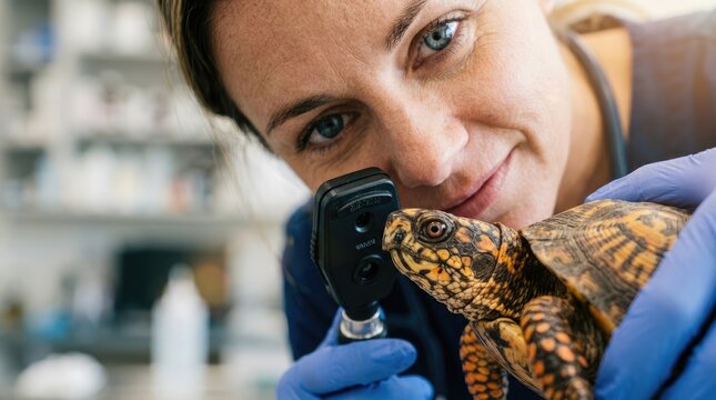 Veterinarian examines a turtle's eye with an ophthalmoscope