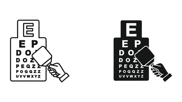 An eye chart with a hand holding an eye patch in front of it, used for vision testing and eye exams on isolated white background