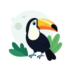 Naklejka premium Cheerful toucan standing amidst green foliage with a simple background design