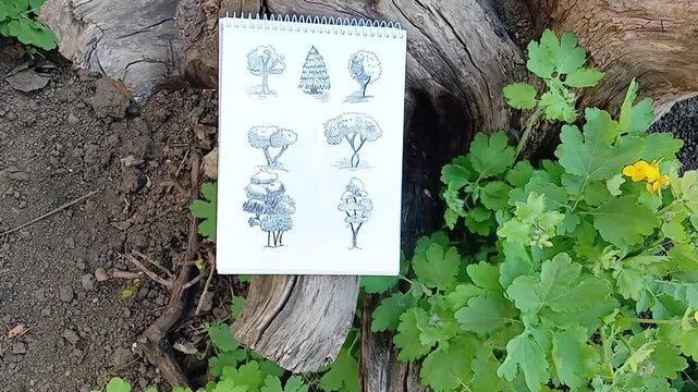Sketchbook with a picture of a group of trees drawn from the side, a collection of ink sketches, lies on the trunk of a felled tree, a dry tree. Environmental protection.