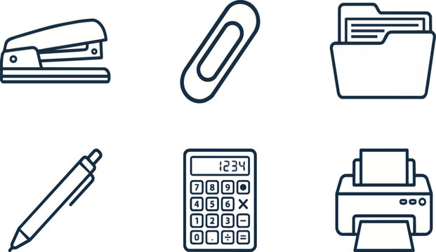 Office supply set featuring staple gun paper clip folder pen calculator and printer showing essential stationery icons in a simple linear style design for professional business documents presented cle