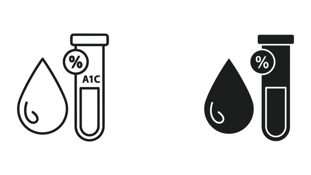 Blood glucose test icons with a1c percentage symbol and droplet isolated on white background