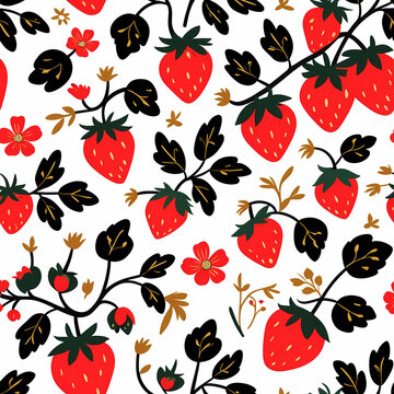 Folk Art Strawberry Seamless Pattern with Black Leaves and Gold Details on White Background