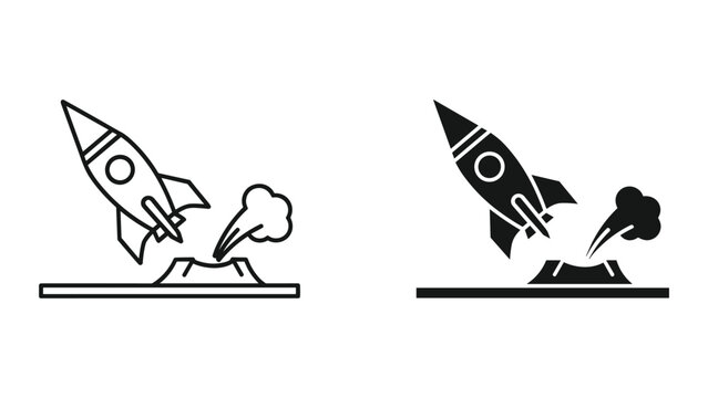 Black and white line and solid icon set of rockets launching into space with smoke