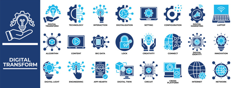 Digital Transform icon set collection. Containing interaction, sharing, report, touch, improve, plan, community .Solid vector icons collection