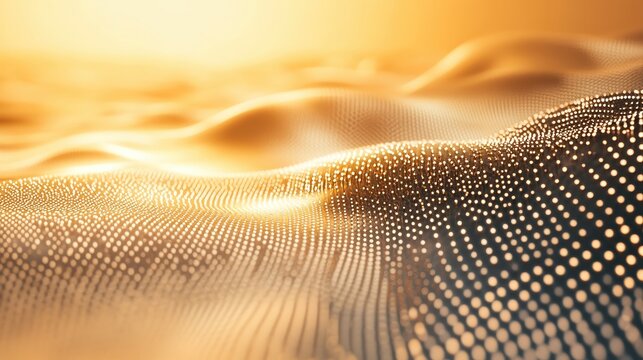 Golden abstract technological landscape with intricate light patterns and flowing digital wave textures