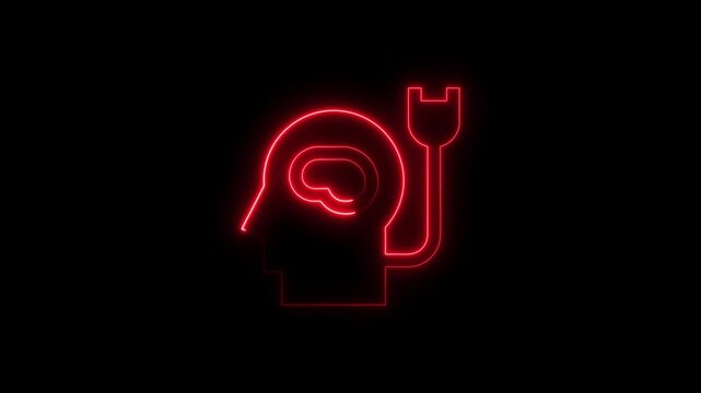 Neon human head with brain plug artificial intelligence and mental energy concept
