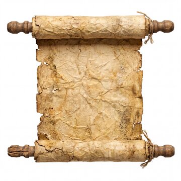 Aged parchment scroll with wooden rollers isolated on white