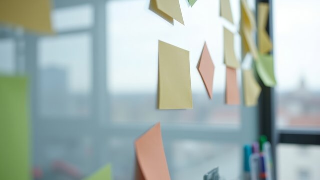 Office environment with yellow sticky notes on glass, suggesting a collaborative work session or idea generation.