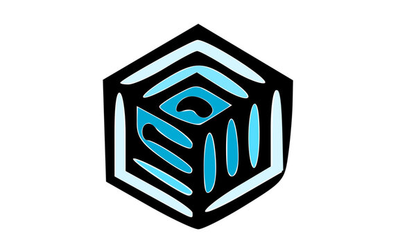 Bold black hexagonal icon with cyan blue isometric 3D cube featuring concentric line topographic pattern and vertical stripes, futuristic tech blockchain cyberpunk emblem for premium logo brand design