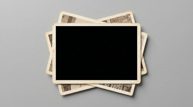 Stack of vintage photo prints with blank black center, aged paper frame mockup on gray background for retro memory and nostalgic design