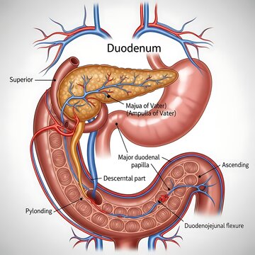 Detailed human duodenum anatomy diagram.