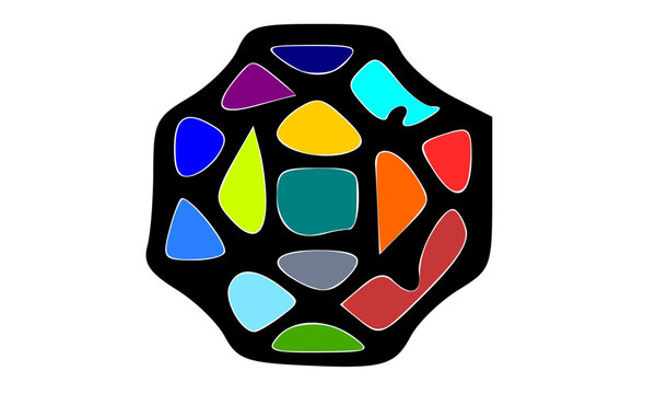 Bold rounded mosaic polygon icon with vibrant multicolor stained glass segments in full rainbow spectrum, kaleidoscopic gem emblem for colorful logo or creative brand identity design