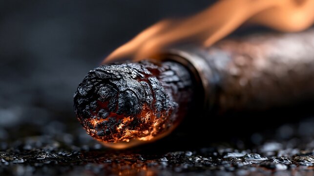 Eine brennende Zigarette oder ein Streichholz gl&uuml;ht mit Flamme und Asche in Nahaufnahme vor dunklem Hintergrund
