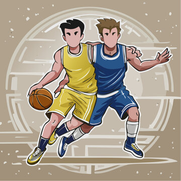 Two basketball players in action, one dribbling, the other defending