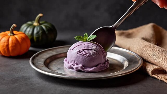 Purple ice cream with pumpkins on plate